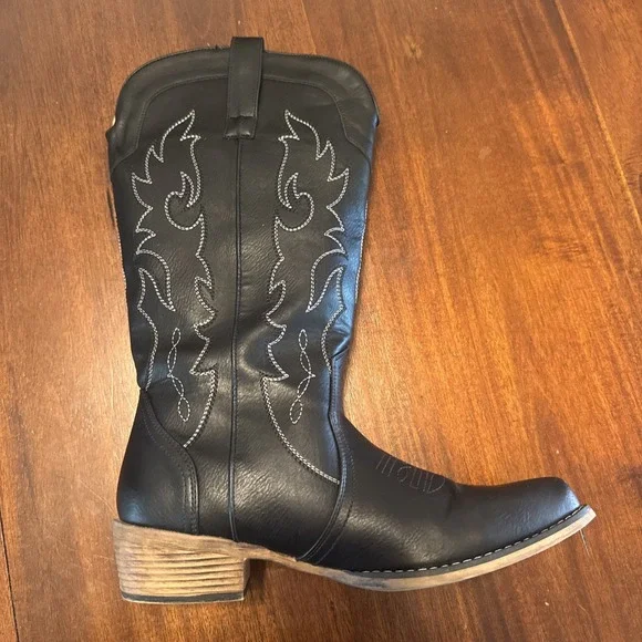 IUV CB048-BK Black Western Cowboy Boots Men US 11‎ Embroidered Square Toe